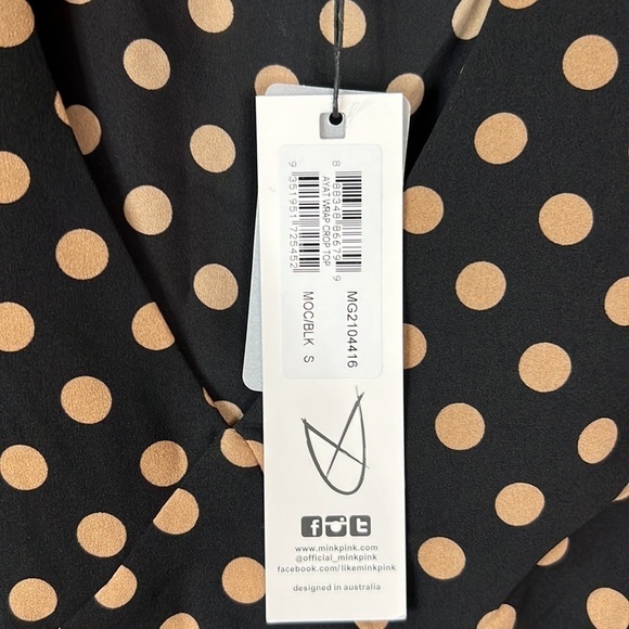 MINKPINK Puff Sleeve Crop Polk a Dot Long Sleeve Top In Black And Tan Size S - Picture 6 of 8
